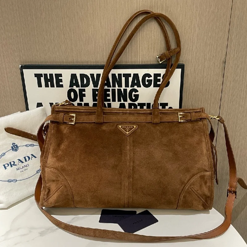 Ladies Prada shoulder bags with a magnetic - closure flap for easy opening and closingPrada Brown Suede Soft Handbag Large