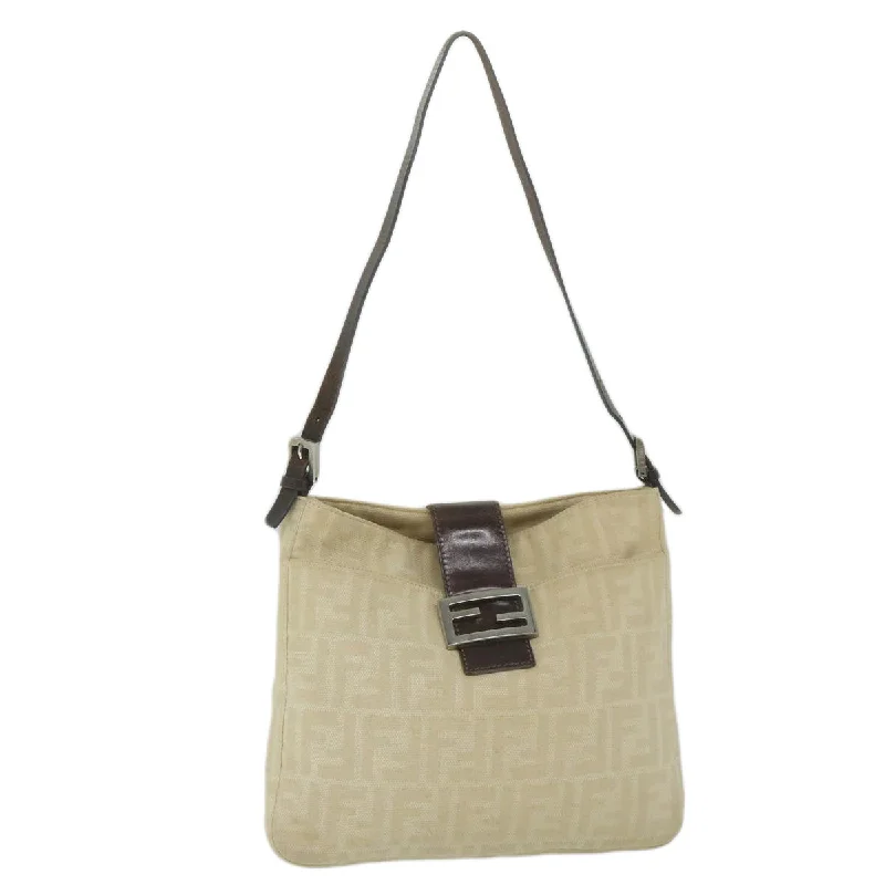 Ladies Fendi shoulder bags with a tassel - decorated zipper for added charm and styleFENDI Zucca Canvas Mamma Baguette Shoulder Bag Beige 2348 26727 008  bs10534