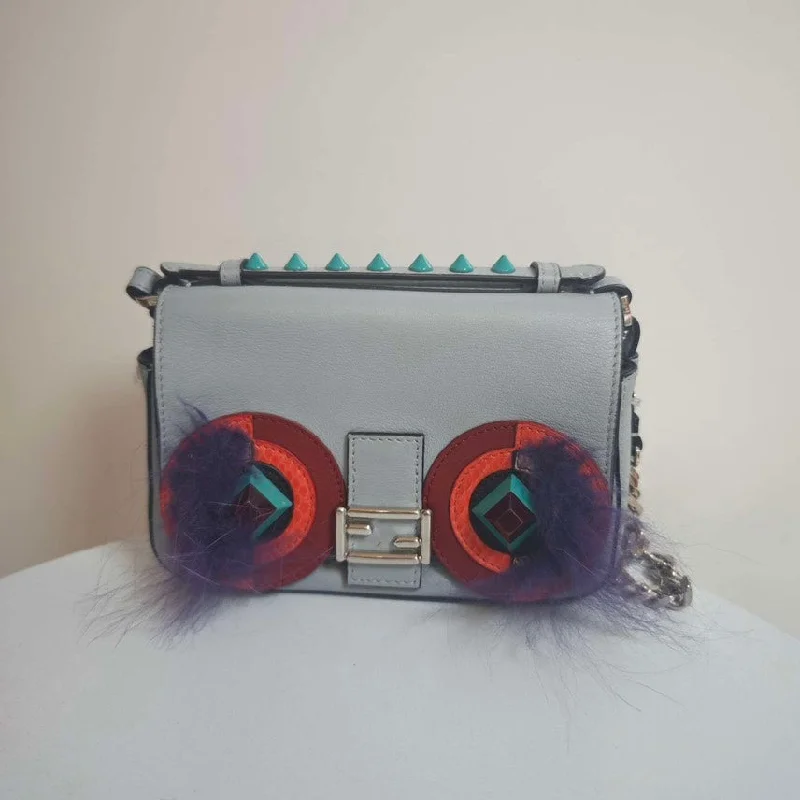 Fendi bags with a magnetic - closure card holder inside for easy access to cardsFendi Micro Double Baguette Gray Leather Multicolor Embellished Small Crossbody Bag