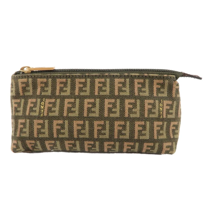 Ladies Fendi shoulder bags with a quilted leather exterior for a luxurious and cozy lookFENDI Zucchino Canvas Leather Cosmetic Pouch Khaki 7N0037