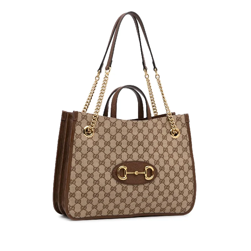 Women Gucci tote bags in GG Supreme canvas for a branded feelGucci Medium GG Canvas 1955 Horsebit Chain Tote (SHG-NytGs4)