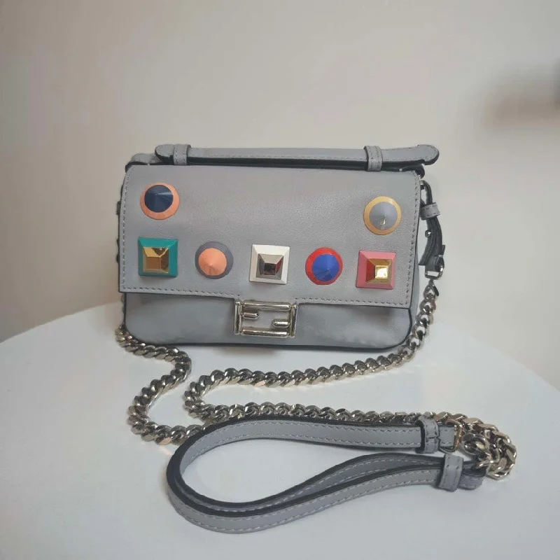 Ladies Fendi shoulder bags with a detachable key fob for easy key managementFendi Micro Double Baguette Grey Leather Shoulder Bag Small