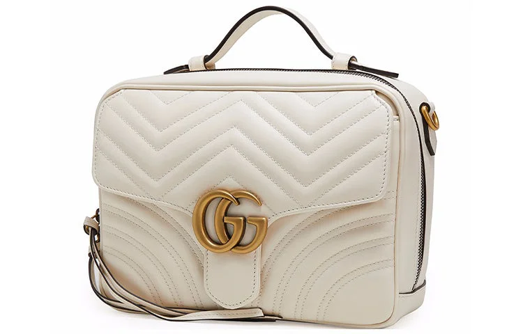 Gucci backpacks for women with a padded laptop compartmentGUCCI GG Marmont Gold Label Logo Tassel Stripe Webbing Shoulder Strap White Handbag 498100-DTDPT-8283