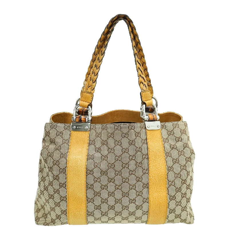 Women Gucci bags with a front - flap pocket for quick - access itemsGucci Bicolor GG Bamboo Bar Medium Tote Bag