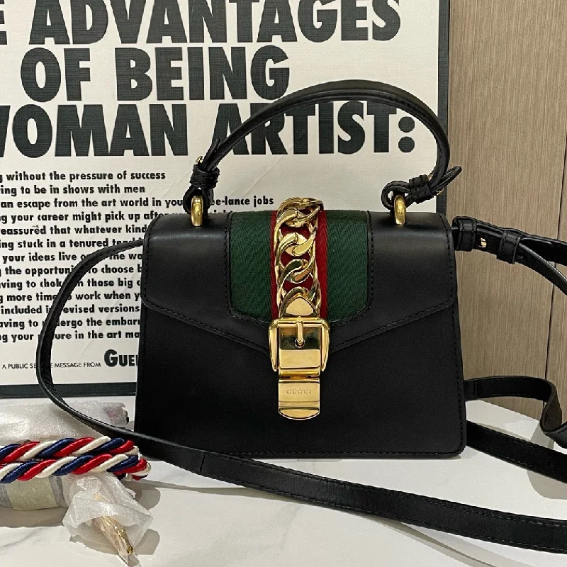 Women Gucci crossbody bags with a keychain holderGucci Sylvie Black Leather Green Red Web Small Shoulder Bag