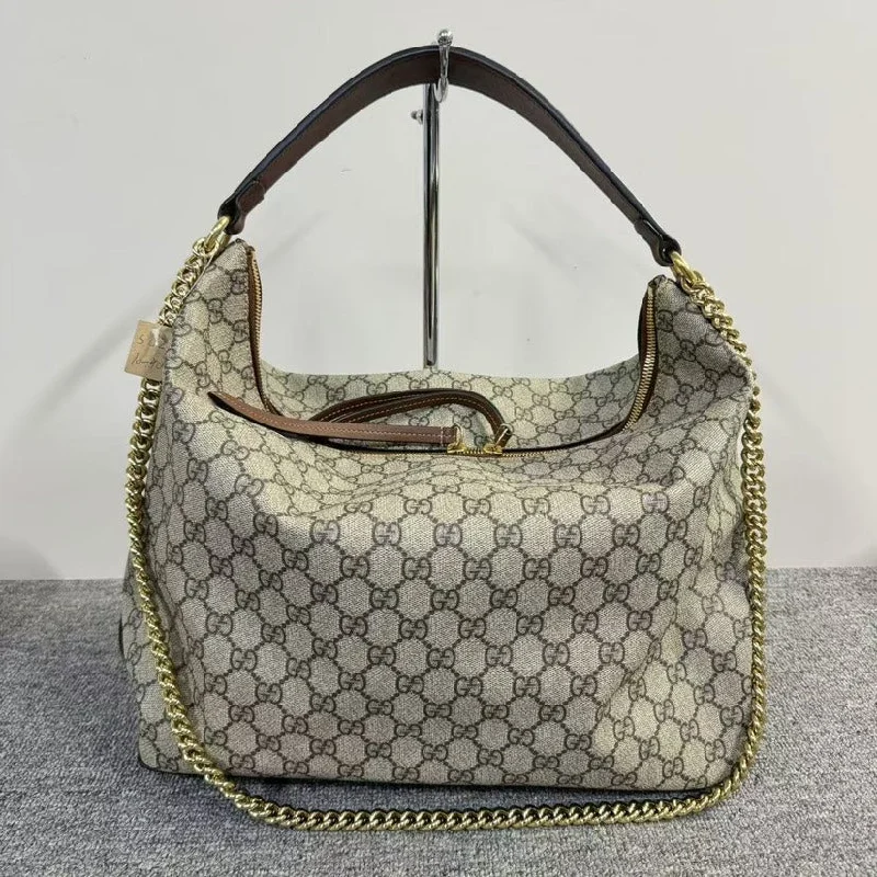 Women Gucci backpacks with a luxurious leather finishGucci Beige Brown GG Supreme Canvas Shoulder Bag Large