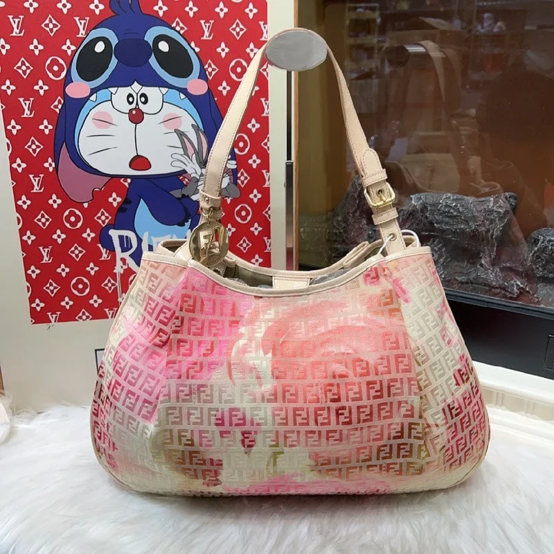 Medium - sized Fendi shoulder bags in rich, deep colors like burgundy for a sophisticated appearanceFendi Pink Multicolor Zucca Print Canvas Hobo Bag Large