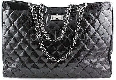 Chanel Black Handbag for Business MeetingsChanel Black Patent Quilted Caviar Diamond Shine XL Shopper Tote Bag