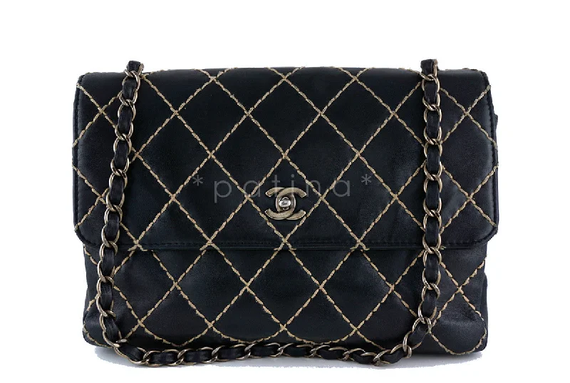 Chanel Handbag with Adjustable Strap for ComfortChanel 12 in. Black Contrast Stitch Surpique Classic Jumbo Flap Bag