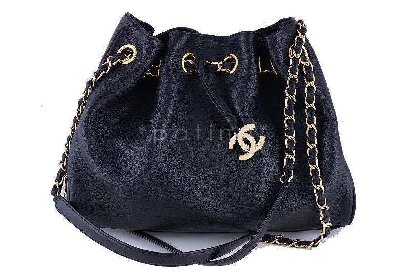 Chanel Luxury Handbag for High - End EventsChanel Black Soft Textured CC Logo Drawstring Tote Shopper Bag