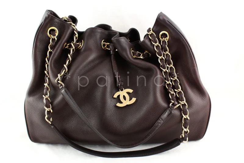 Chanel Luxury Handbag for High - End EventsChanel Chocolate Brown Soft Textured CC Logo Drawstring Tote Shopper Bag