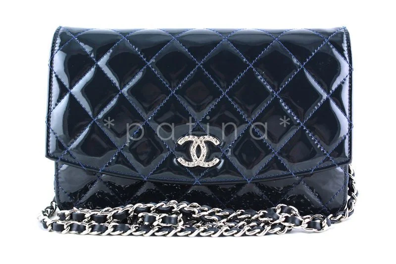 Chanel Small Crossbody Bag for TravelChanel Navy Blue Patent Iridescent Wallet on Chain WOC Bag