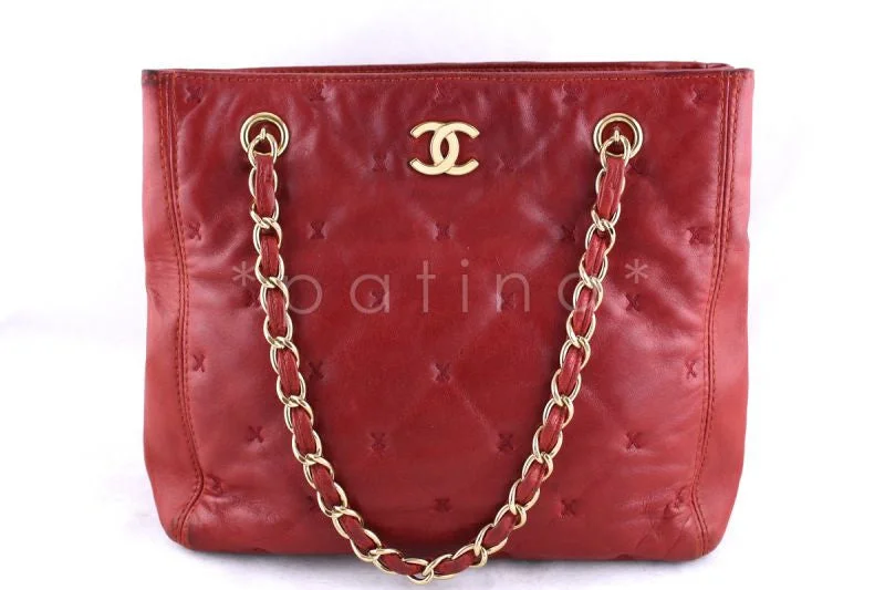 Chanel Designer Handbag with Unique DesignChanel Red Lambskin Quilted Petite Sized Shopper Tote Bag