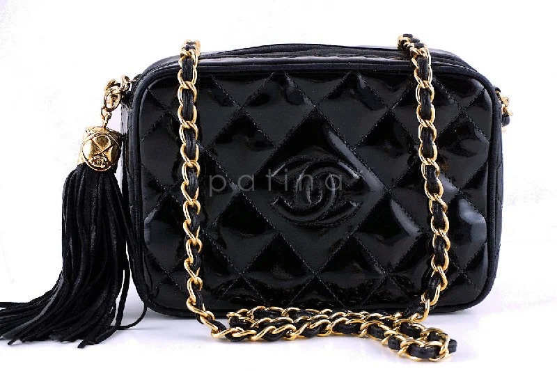 Chanel Handbag with Adjustable Strap for ComfortChanel Vintage Black Patent Classic Quilted Camera Case Bag