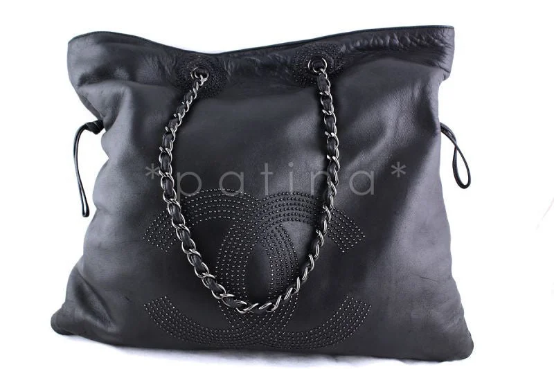 Chanel Luxury Handbag for High - End EventsChanel Charcoal Gray XL Soft Lambskin Studded Hobo Shopper Tote Bag