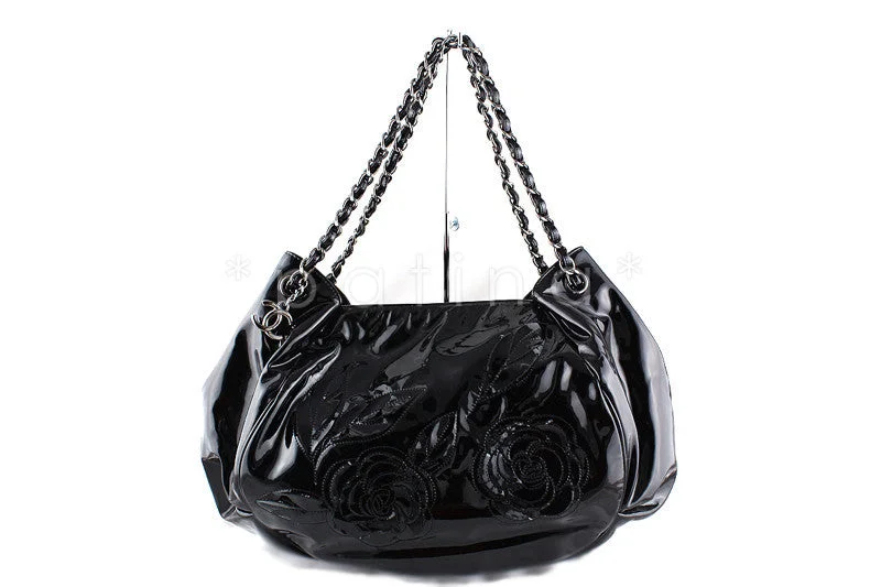 Chanel Designer Handbag with Unique DesignRARE Chanel Black Ltd. Edition Patent Camelia Petals Tote Bag