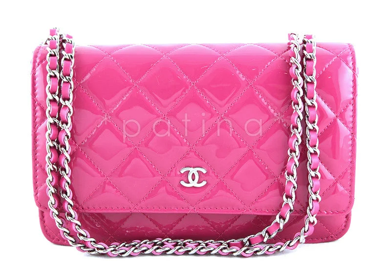 Chanel All - Match Handbag for Versatile StylingNWT 14S Chanel Fuchsia Pink Patent Classic Quilted WOC Wallet on Chain Flap Bag