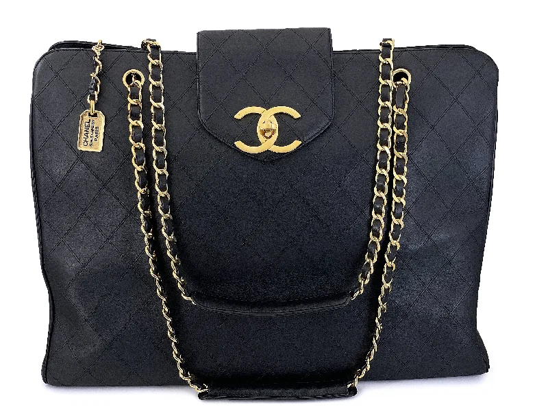 Chanel Quilted Leather Shoulder Bag for FashionistasChanel Supermodel Tote Bag Vintage 1994 Black Quilted XL Weekender 24k GHW