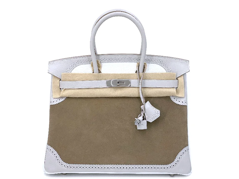 Hermes Birkin Bags with a Two - Tone Leather Design for Visual InterestRare Hermès Ghillies 35cm Birkin Grizzly Doblis Suede Gris Perle PHW