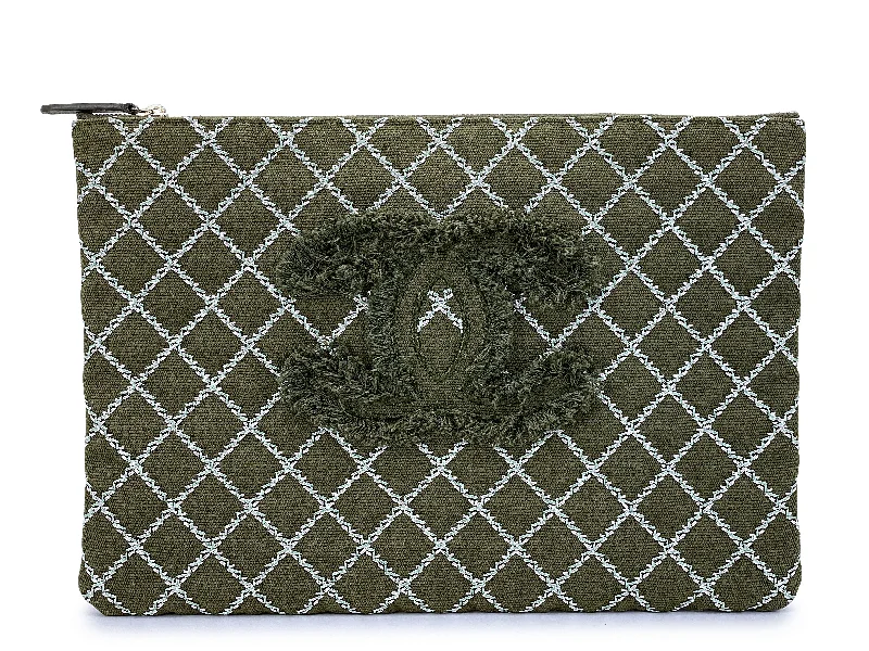 Chanel Designer Handbag with Unique DesignChanel Khaki Green Contrast Stitch CC Large O Case Clutch Bag