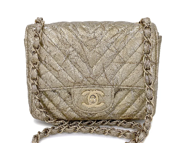 Chanel Handbag with Adjustable Strap for ComfortChanel 18S Distressed Gold Crumpled Calf Patent Chevron Square Mini Flap Bag