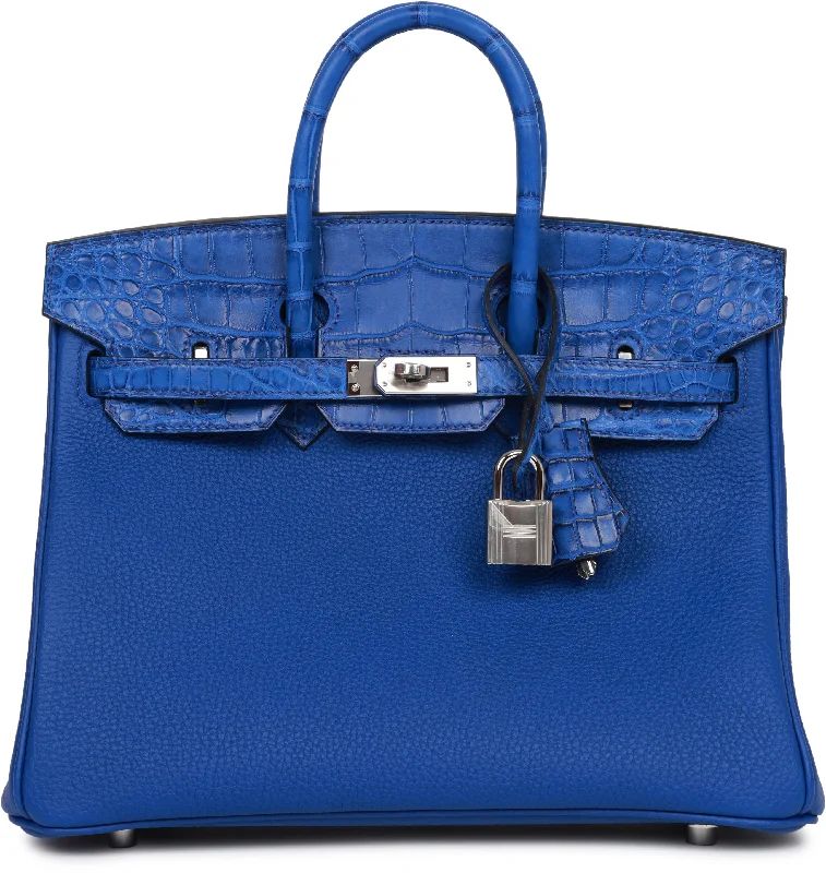 Hermes Birkin Bags with a Textured Taurillon Clemence LeatherHermes Birkin 25 Bleu Royal Matte Alligator and Togo Touch Palladium Hardware