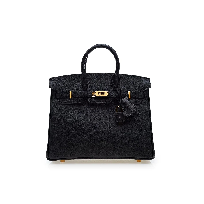 Hermes Birkin Bags with Hand - Stitched Detailing for Artisanal AppealHermes Birkin 25 Noir Ostrich Leather Gold Hardware