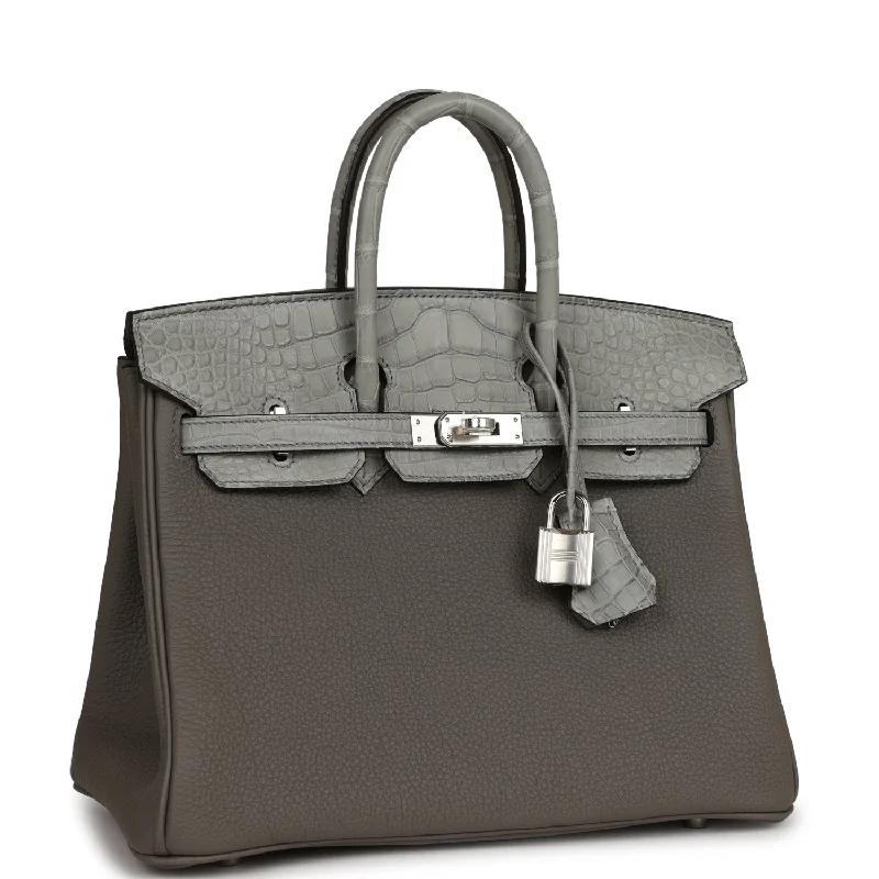 Hermes Birkin Bags with a Reinforced Bottom Panel for LongevityHermes Birkin 25 Gris Meyer Togo and Gris Ciment Matte Alligator Touch Palladium Hardware