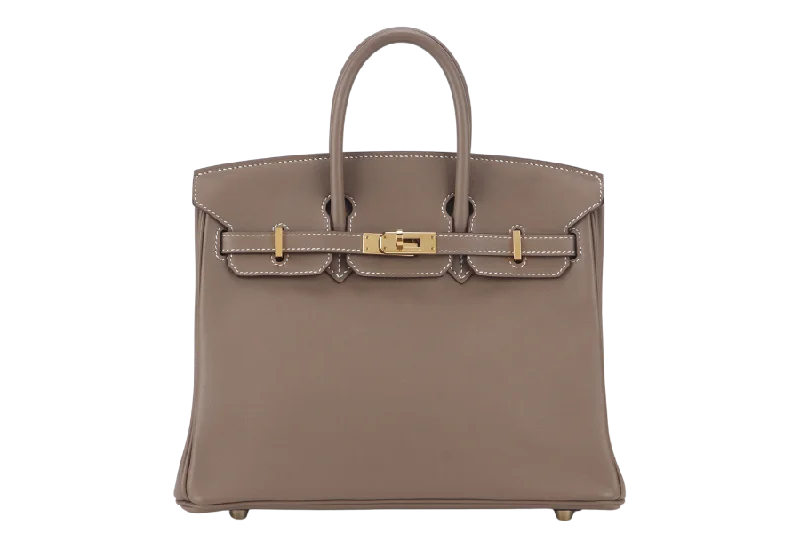 Hermes Birkin Bags with a Beaded Leather Strap for a Bohemian - Glamour LookHERMES BIRKIN 25 STAMP X (YEAR 2016) ETOUPE SWIFT LEATHER GOLD HARDWARE WITH KEYS&LOCK, RAINCOAT AND DUST COVER