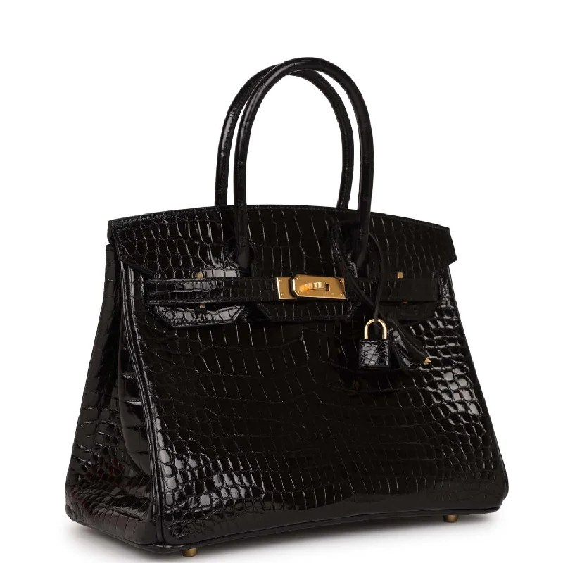 Hermes Birkin Bags with a Pebbled Leather Texture for a Rugged yet Elegant AppealHermes Birkin 30 Black Shiny Crocodile Porosus Gold Hardware