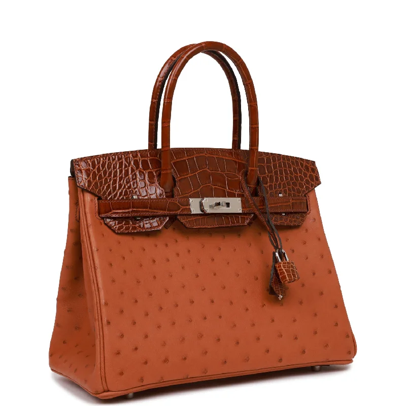 Hermes Birkin Bags with a Woven Leather Strap DetailHermes Birkin 30 Cognac and Miel Shiny Alligator and Ostrich Touch Palladium Hardware