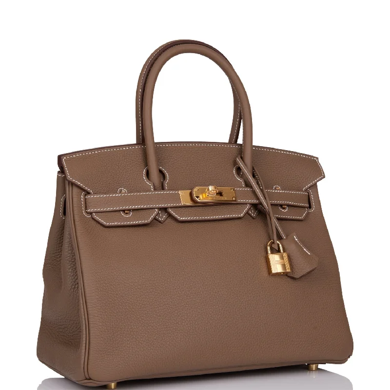 Hermes Birkin Bags with a Contrast - Stitched Handle for Added StyleHermes Birkin 30 Etoupe Clemence Gold Hardware