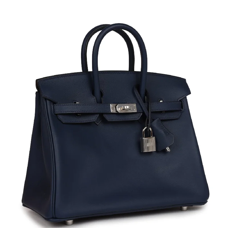 Hermes Birkin Bags with a Hand - Burnished Edge FinishHermes Birkin 25 Bleu Navy Swift Palladium Hardware