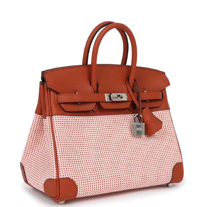 Hermes Birkin Bags with a Leather - Bound Handle for DurabilityHermes Quadrille Birkin 25 Sanguine Swift and Toile Palladium Hardware