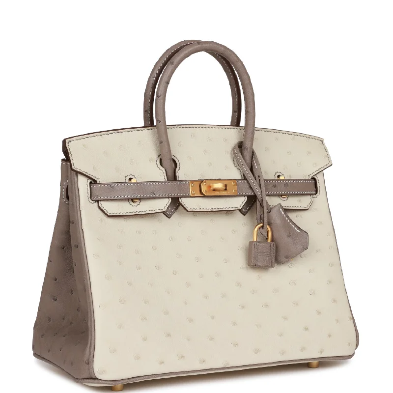 Hermes Birkin Bags with a Chain - Embellished Handle for a Modern TwistHermes Special Order (HSS) Birkin 25 Beton and Gris Asphalte Ostrich Brushed Gold Hardware