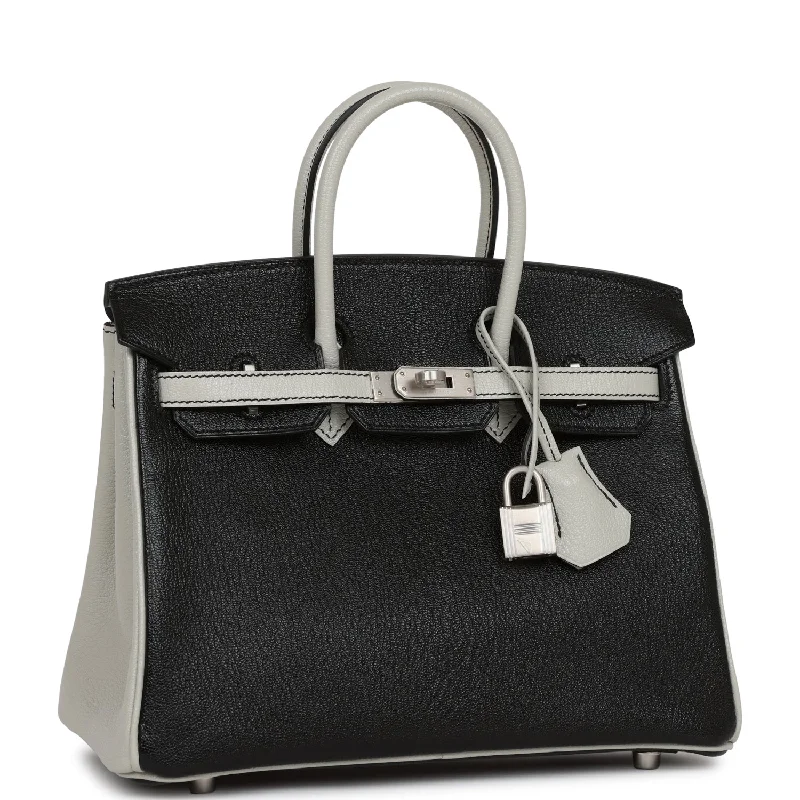 Hermes Birkin Bags with a Hand - Burnished Edge FinishHermes Special Order (HSS) Birkin 25 Black and Gris Perle Chèvre Brushed Palladium Hardware