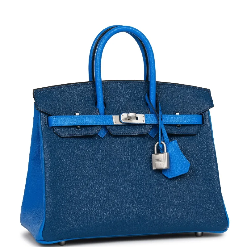 Hermes Birkin Bags with a Textured Taurillon Clemence LeatherHermes Special Order (HSS) Birkin 25 Bleu Hydra and Bleu Saphir Chèvre Brushed Palladium Hardware