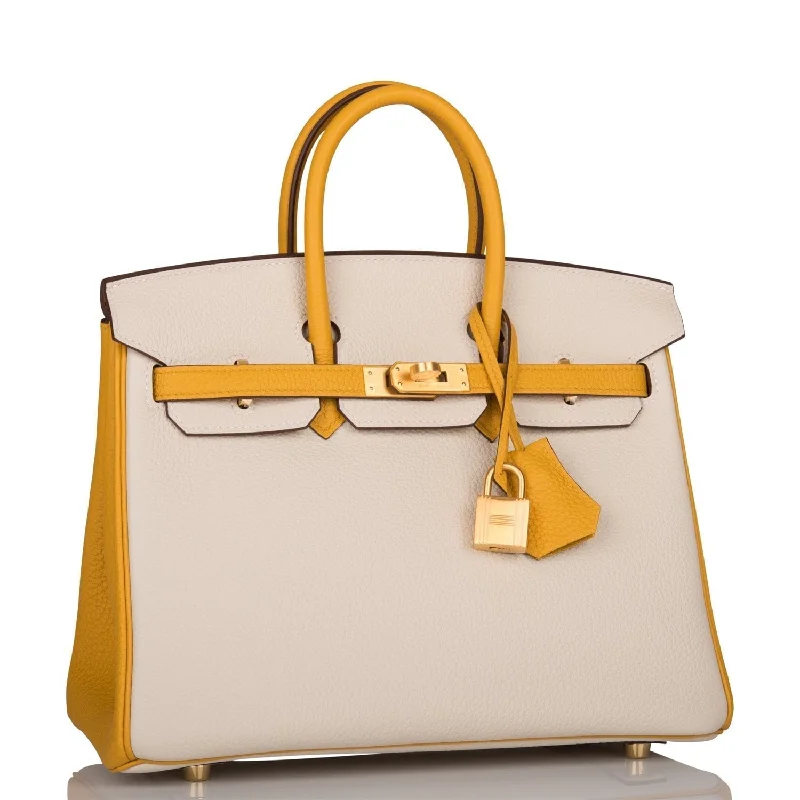 Hermes Birkin Bags with a Hand - Embroidered Floral PatternHermes Special Order (HSS) Birkin 25 Craie and Jaune Ambre Togo Brushed Gold Hardware