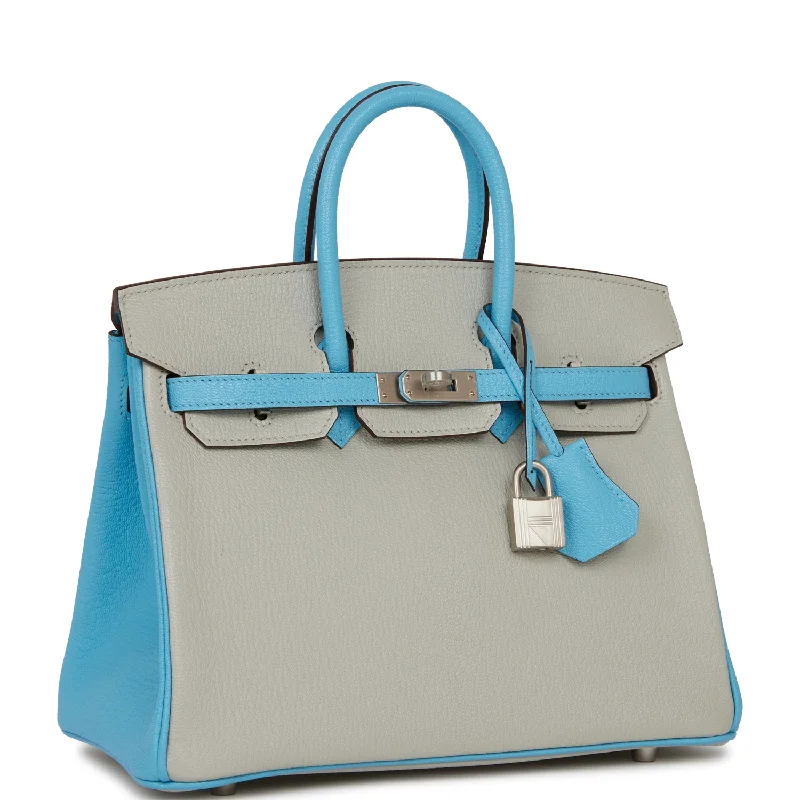 Hermes Birkin Bags with Custom - Engraved Hardware for PersonalizationHermes Special Order (HSS) Birkin 25 Gris Perle and Bleu du Nord Chèvre Brushed Palladium Hardware