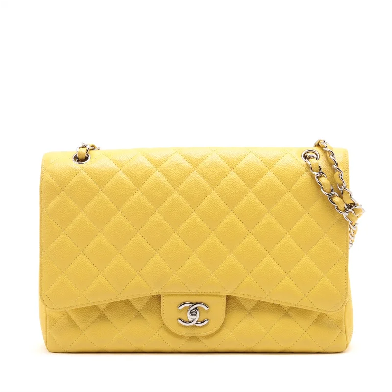 Chanel Handbag with Adjustable Strap for ComfortCHANEL DECAMATRASSE 34 MAXI Caviar S Single Flap Double Chain Bag Yellow Silver  13th A58601