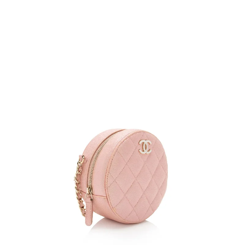 Chanel Small Crossbody Bag for TravelChanel Iridescent Caviar Leather Mother of Pearl CC Round Clutch with Chain (YKChQe)