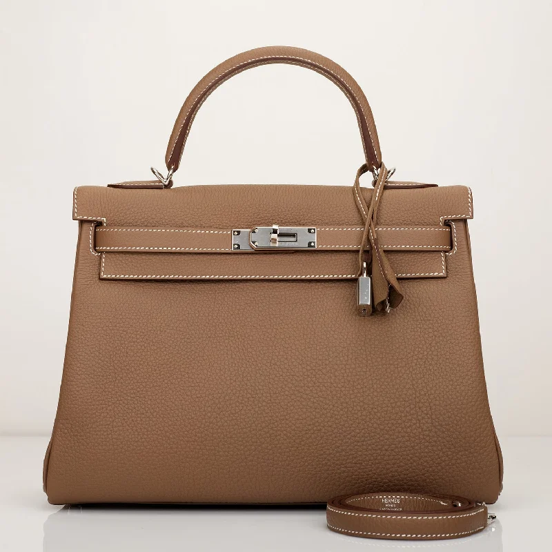 Hermès Kelly Bags with a hand - burnished edge finish for a vintage charmHermes Kelly Retourne 32 Etoupe Togo Palladium Hardware