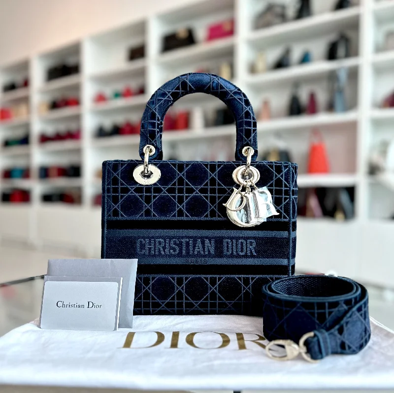 Christian Dior tote bags with a double - handle and shoulder - strap optionLady D-Lite Cannage Embroidered Velvet Dark Blue GHW