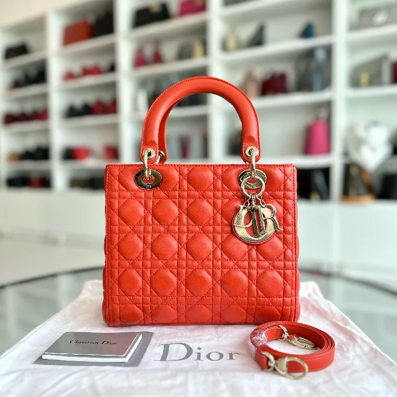 Christian Dior handbags with a back - pocket for quick storageLady Medium Lambskin Cannage Orange GHW