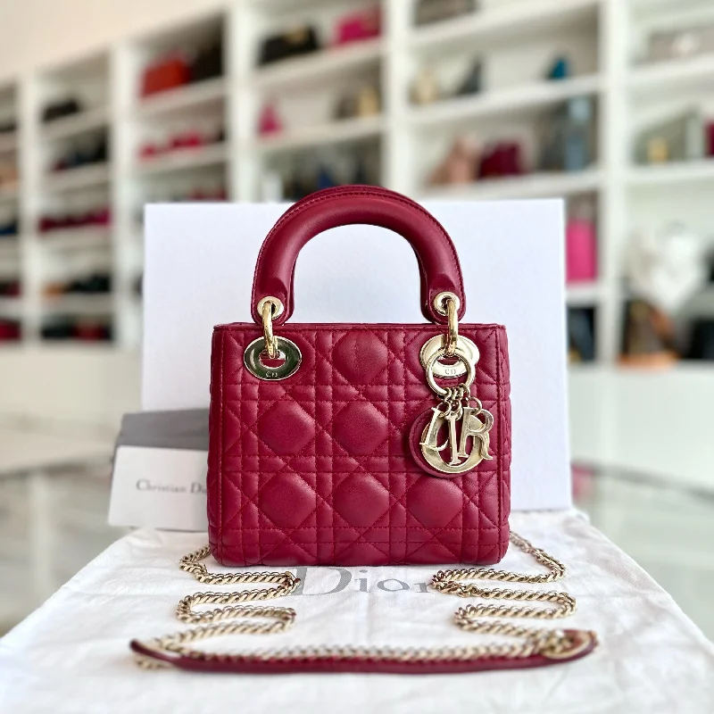 Christian Dior tote bags with a printed Dior logo on the frontLady Mini Lambskin Red Chain Strap GHW