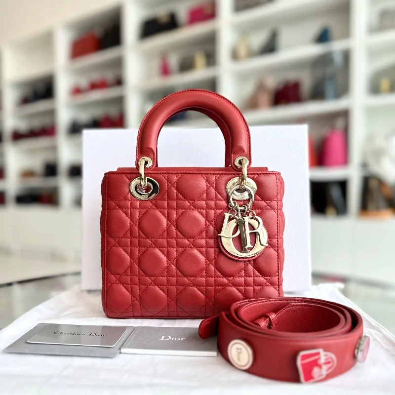 Christian Dior bags with a side - pocket for holding a water bottleLady Small Lambskin Badge Charm ABC MyABC Light Red GHW