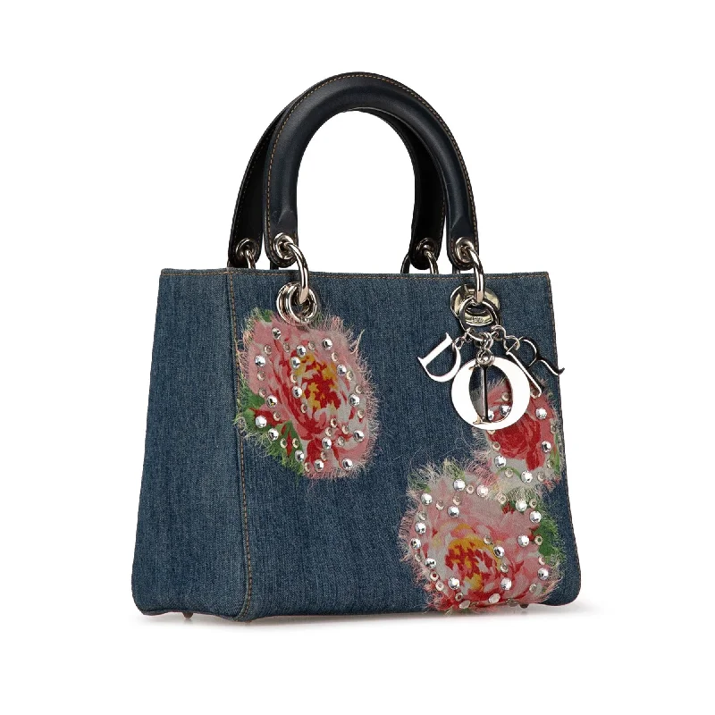 Christian Dior bags with a zip - top closure and multiple compartmentsDior Medium Denim Floral Embellished Lady Dior (9x1Q2j)