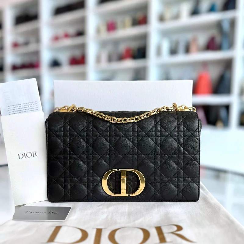 Christian Dior crossbody bags with a front - flap pocket for easy access*Full Set, Receipt* Caro Large Cannage Calfskin Black GHW