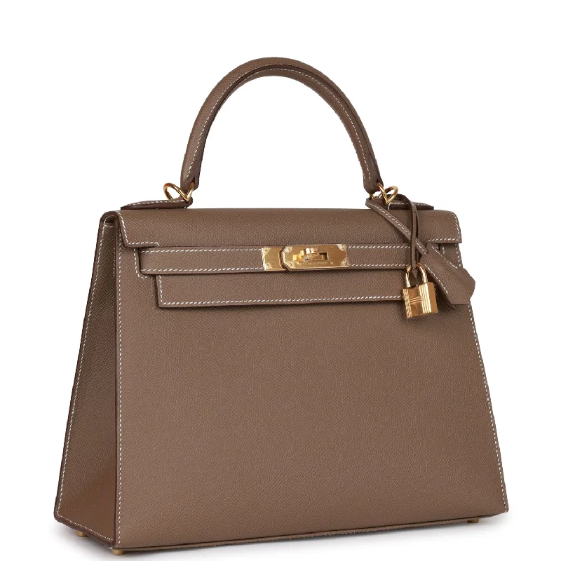 Medium - sized Hermès Kelly Bags in Taurillon Clemence leather for durabilityHermes Kelly Sellier 28 Etoupe Epsom Gold Hardware