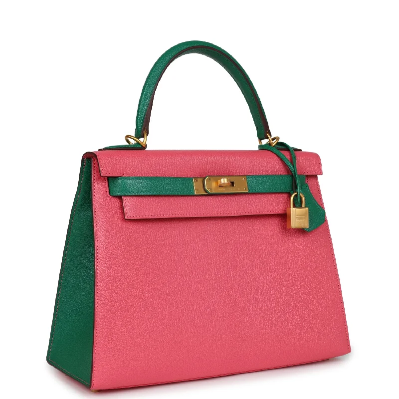 Hermès Kelly Bags with a zip - around interior pocketHermes Special Order (HSS) Kelly Sellier 28 Rose Lipstick and Vert Vertigo Chevre Brushed Gold Hardware